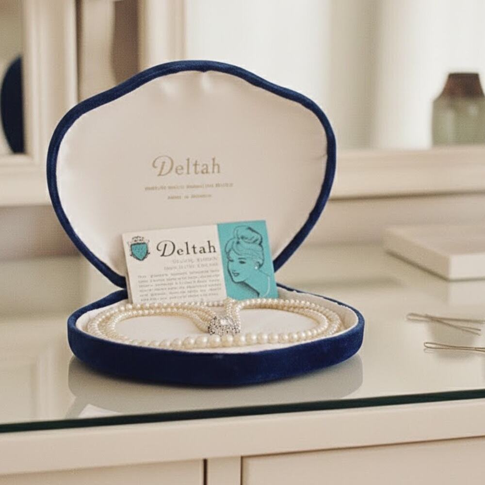 Vintage Deltah Simulated Pearl Triple-Strand Necklace Velvet Box Guarantee Card